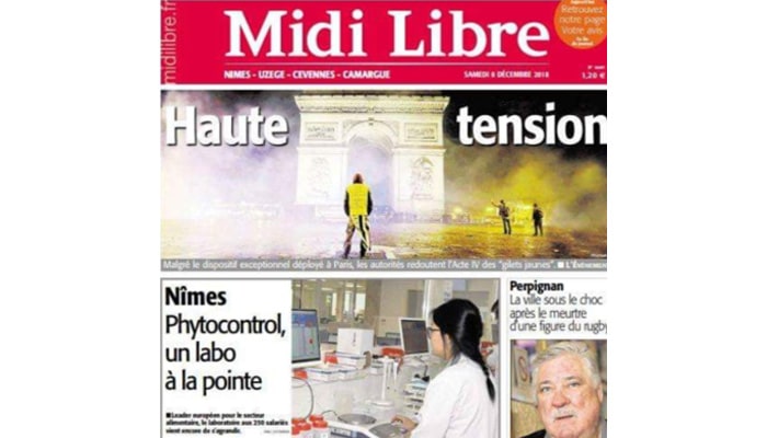 Phytocontrol à la une du Midi Libre du 8 décembre 2018